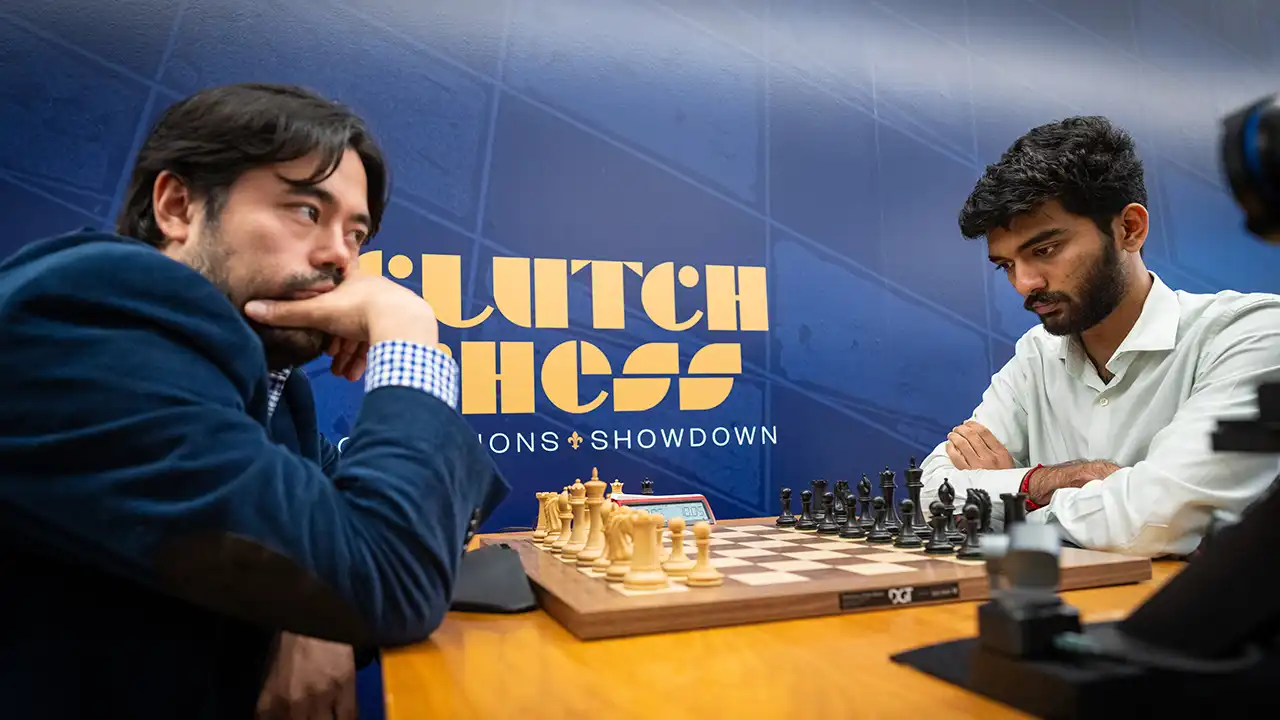 photo - 2025 Clutch Chess Champions Showdown - GM Hikaru Nakamura - GM Gukesh D - Day 2 - LOU03257