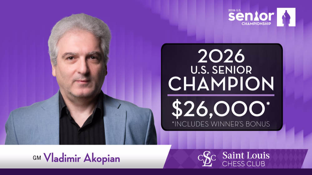 GM Vladimir Akopian, 2026 U.S. Senior Chess Champion and winner of $26,000 including the winner’s bonus.